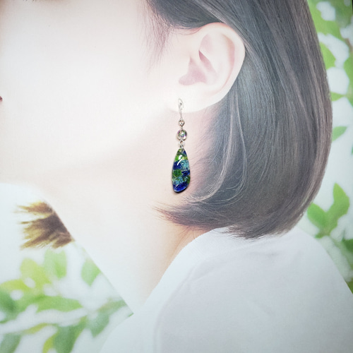 No.1509-細長F 琉球ガラス☆寒色MIX☆ピアス・イヤリング M-015-E】琉球