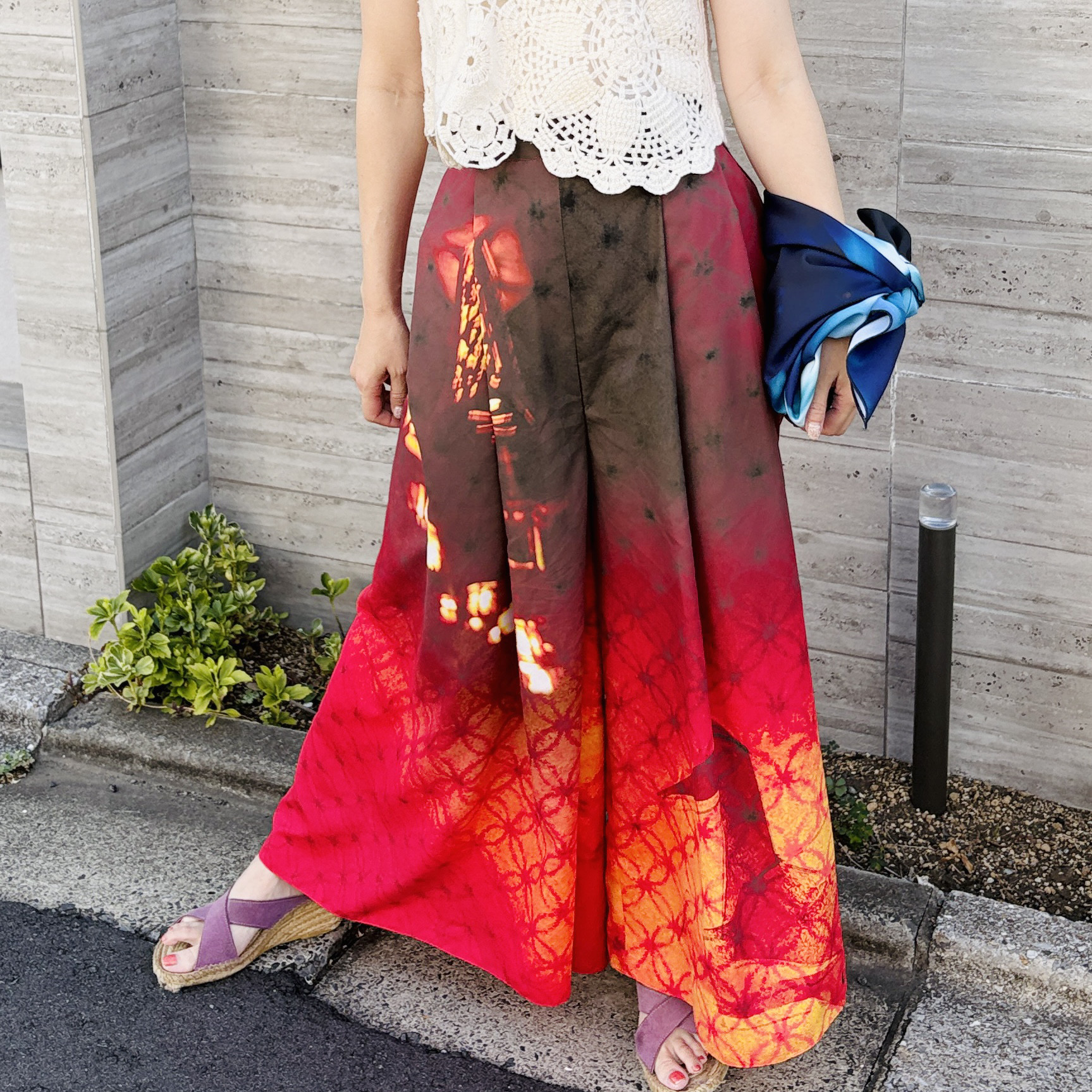 フリーサイズ2way ワイドフレアパンツ- Origami-緋色に舞う折鶴