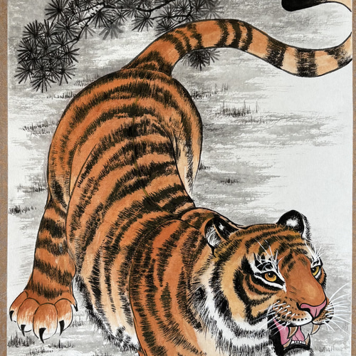 ⑨日本画 虎 水墨画 掛け軸 虎嘯風生 力 勇気 守護 月 絵画 水墨画 掛け軸 絵画 こたつ 通販