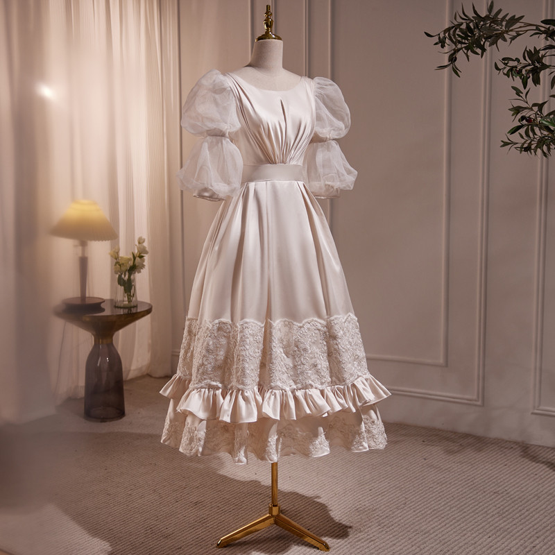 シャンパン色 パフスリーブ ロング プリンセス パーティードレス 二次会 ウェディングドレス お呼ばれ LJ-613