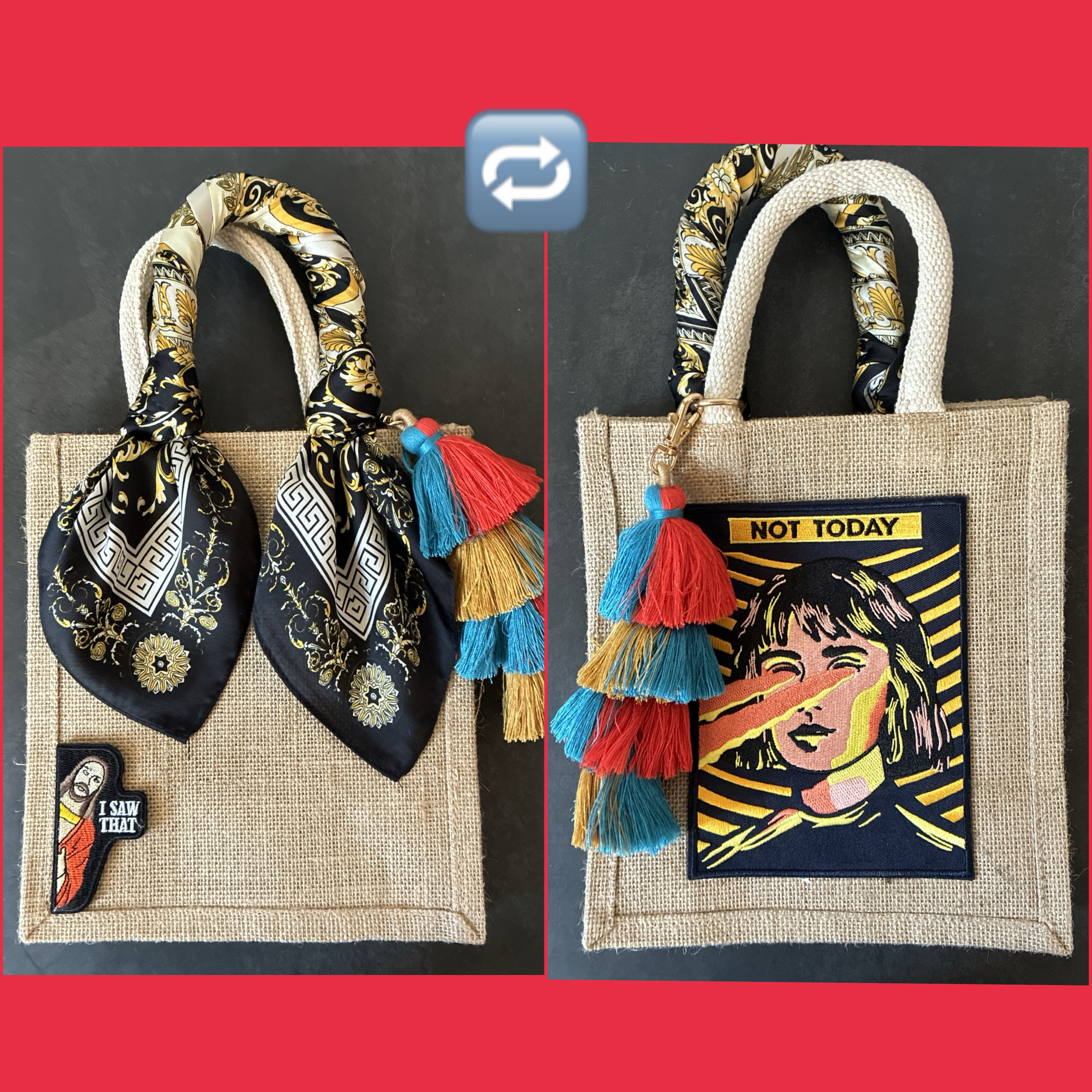 一点物❤️刺繍ワッペンとデッドストックスカーフのジュートバッグ❤️大ぶりフリンジバッグチャーム付き❤️A6かごバッグ