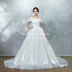 ウエディングドレス.白.サテン.ベルライン.ロールカラー.パニエ付き