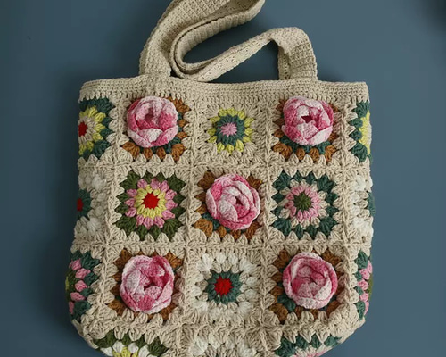 手作り 毛糸 かぎ針編み ニートショルダーバッグ トートバッグ【椿柄