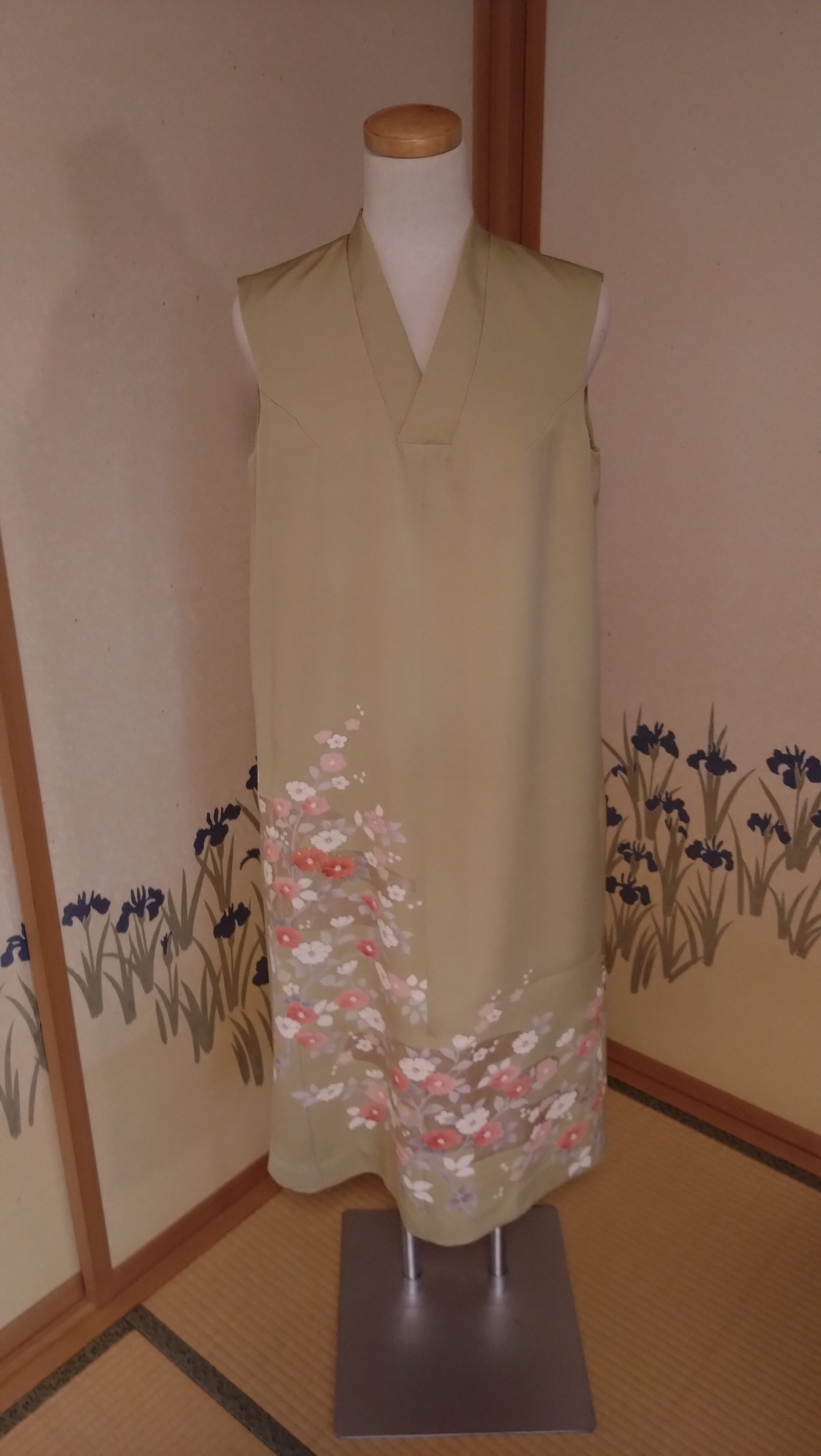 着物リメイクワンピース　うぐいす/ツバキ 2