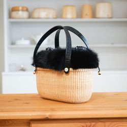 ナンタケットバスケット（ハンドメイド / 牛革取手 × チンチラファー） 送料無料》チンチラファー付きナンタケットバスケット かご