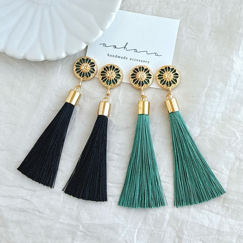全2色 アンティークカボション×ロングタッセル ピアス/イヤリング