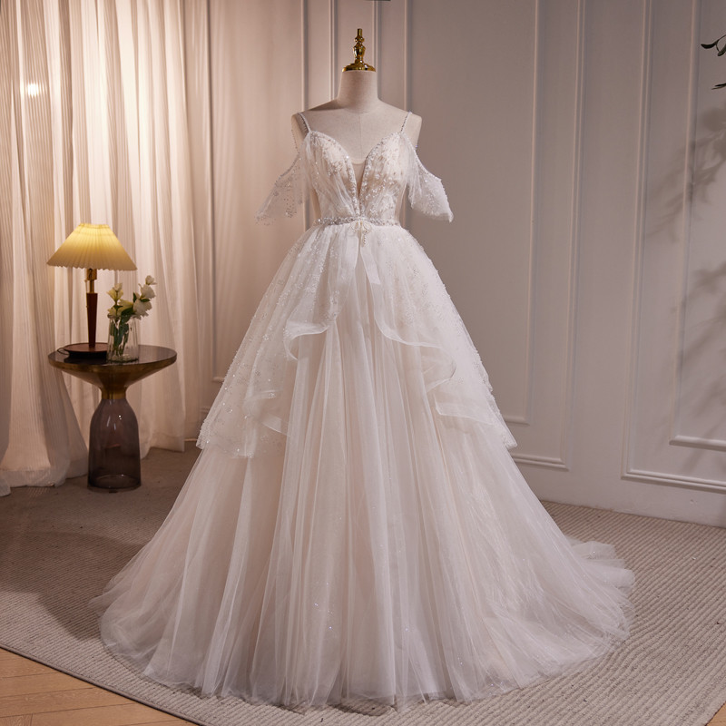 白 オフショルダー ふわふわ ロング プリンセス パーティードレス 二次会 ウェディングドレス お呼ばれ LJ-604