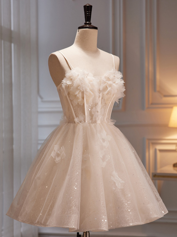 ベージュ オフショルダー ショート丈 可愛い プリンセス パーティードレス 二次会 ウェディングドレス LJ-576