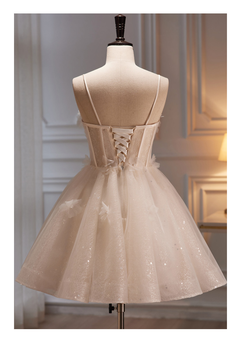 ベージュ オフショルダー ショート丈 可愛い プリンセス パーティードレス 二次会 ウェディングドレス LJ-576