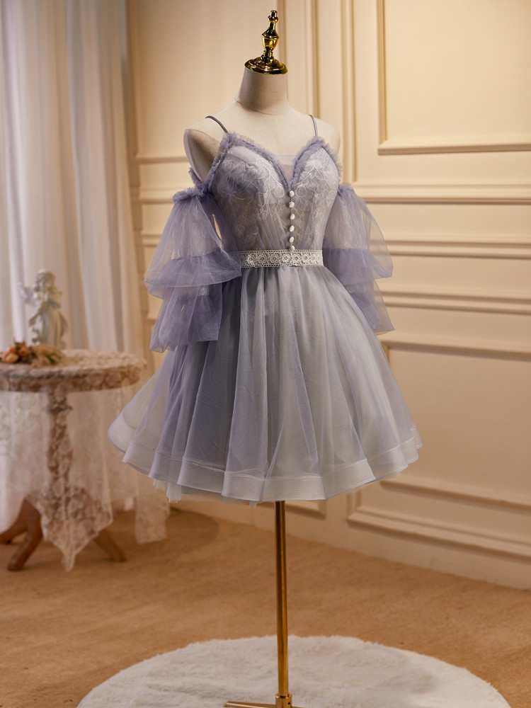 グレー オフショルダー ショート丈 可愛い プリンセス パーティードレス 二次会 ウェディングドレス LJ-565