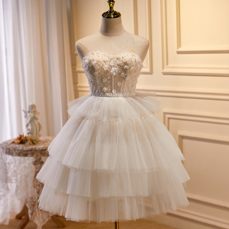 ベージュ オフショルダー ショート丈 可愛い プリンセス パーティードレス 二次会 ウェディングドレス LJ-563