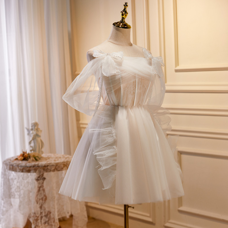 ベージュ オフショルダー ショート丈 可愛い プリンセス パーティードレス 二次会 ウェディングドレス LJ-562