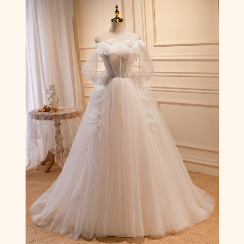 ベージュ オフショルダー ふわふわ ロング パーティードレス 二次会 花嫁ウェディングドレス お呼ばれ LJ-567