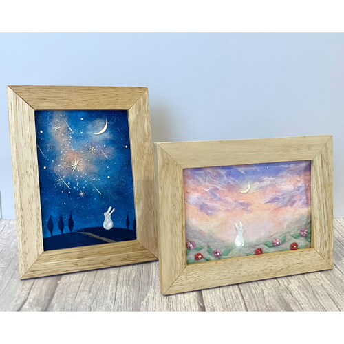 原画】和紙ちぎり絵「星空のうさぎ」動物のアート｜写真サイズ額付き