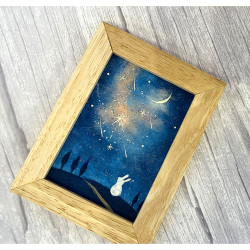原画】和紙ちぎり絵「星空のうさぎ」動物のアート｜写真サイズ額付き