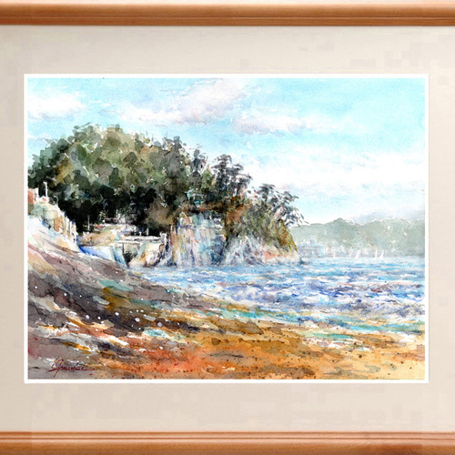 海岸の風景 水彩画 フレーム付き 水彩画風景画 鎌倉・稲村ヶ崎海岸 ＃695 絵画 syoumei 通販 19943576