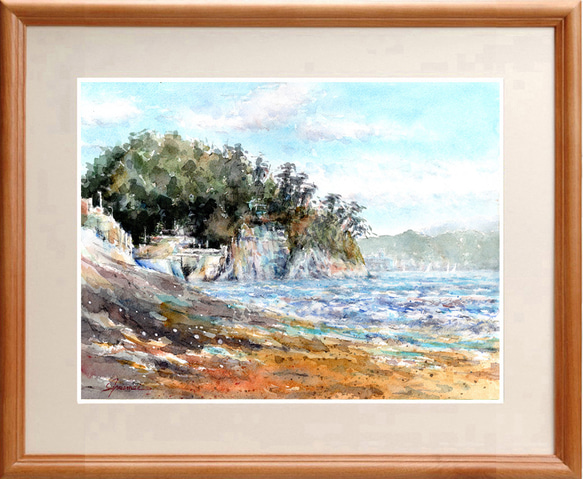 荒崎海岸を望む水彩画 額装済み 水彩画風景画 鎌倉・稲村ヶ崎海岸 ＃695 絵画 syoumei 通販 19943576
