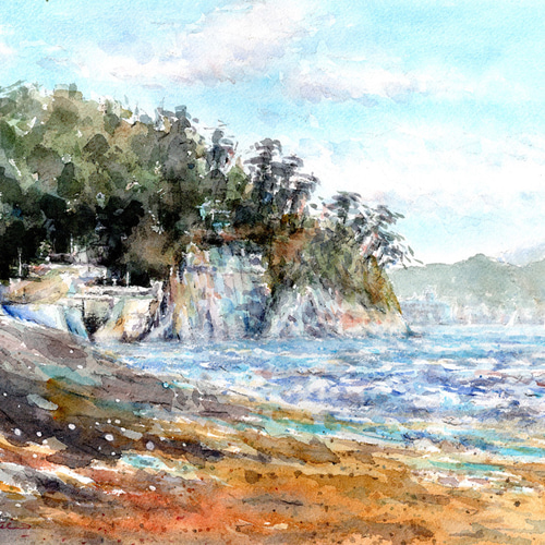 水彩画風景画 鎌倉・稲村ヶ崎海岸 ＃695 絵画 syoumei 通販 19943576