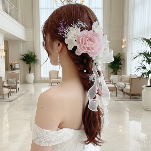 送料無料 チュールリボン 白 花 髪飾り ㉜ ブライダル 結婚式 成人式