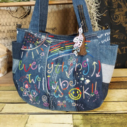 刺繍 パッチワーク デニムバック 02 ～ デニム リメイク ジーンズ 刺繍