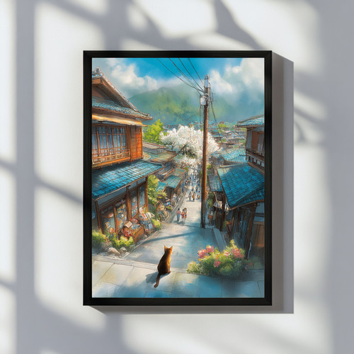 昭和の懐かしい日本の街並みと猫 — 水彩とペンの風景画 日本風