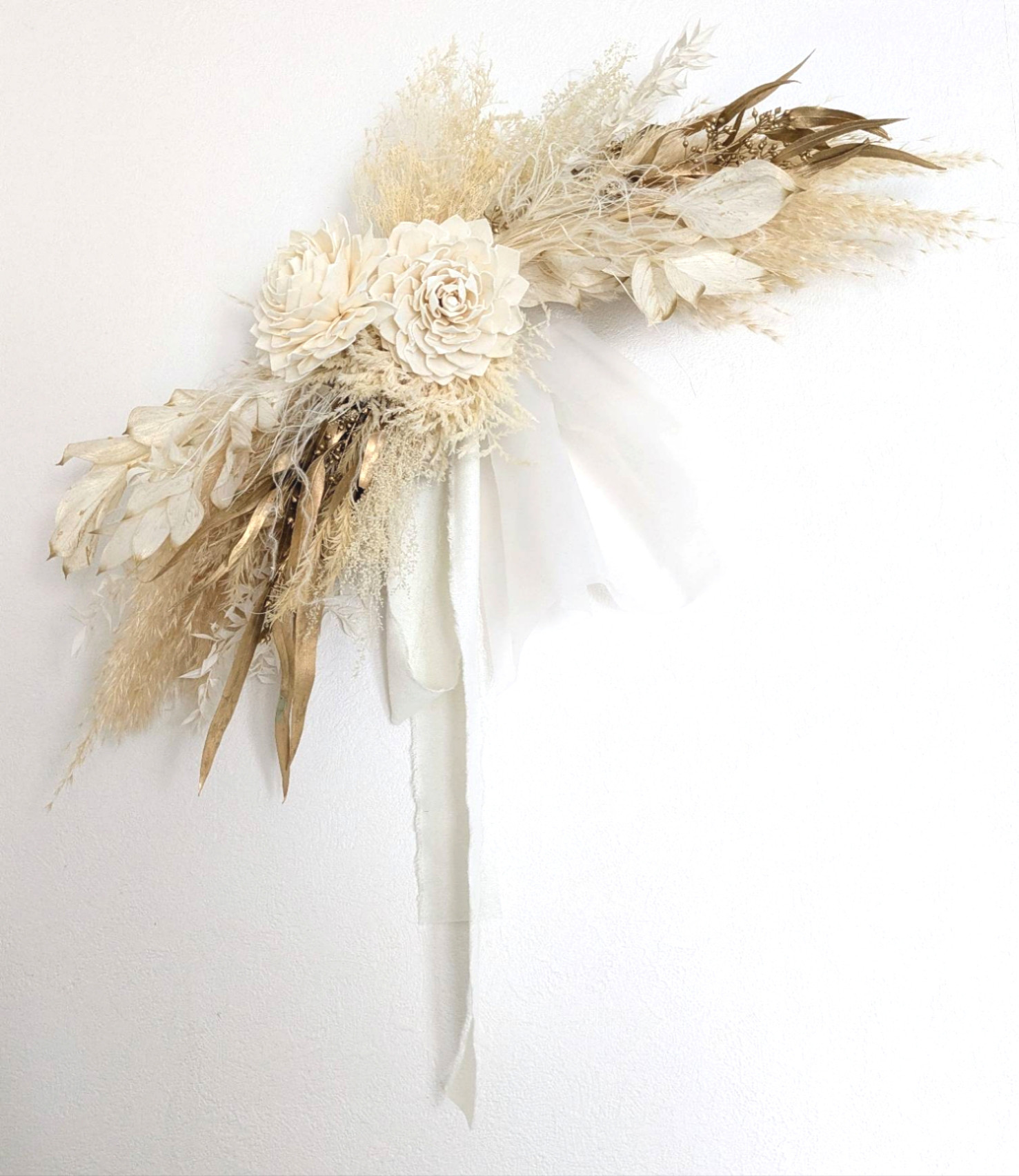 横長ドライフラワースワッグ　“ホワイト＆ゴールド”