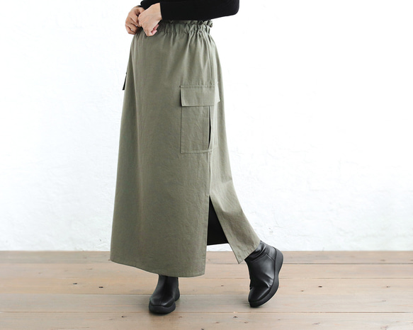 ロングシーズン使えて、キチンと見え✦ 東炊きコットンツイル ストレートロングスカート（オリーブ）SK14 1枚目の画像