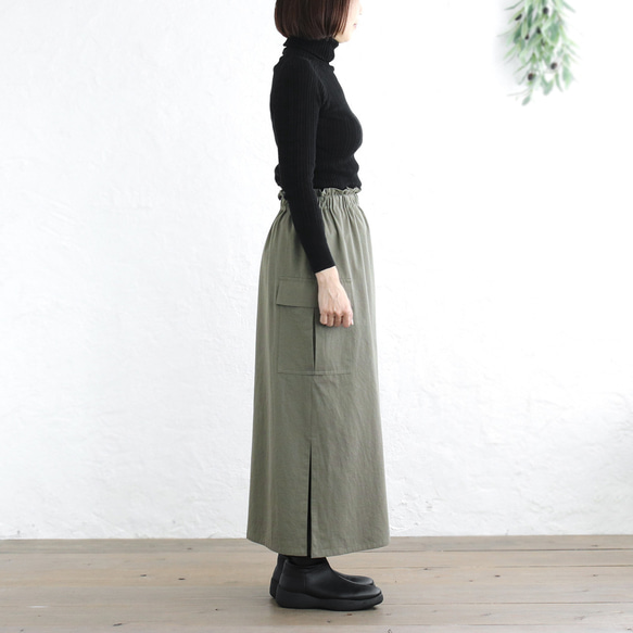 ロングシーズン使えて、キチンと見え✦ 東炊きコットンツイル ストレートロングスカート（オリーブ）SK14 5枚目の画像