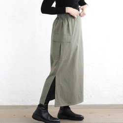 ロングシーズン使えて、キチンと見え✦ 東炊きコットンツイル ストレートロングスカート（オリーブ）SK14 2枚目の画像