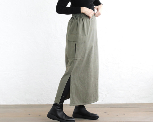 ロングシーズン使えて、キチンと見え✦ 東炊きコットンツイル ストレートロングスカート（オリーブ）SK14 2枚目の画像
