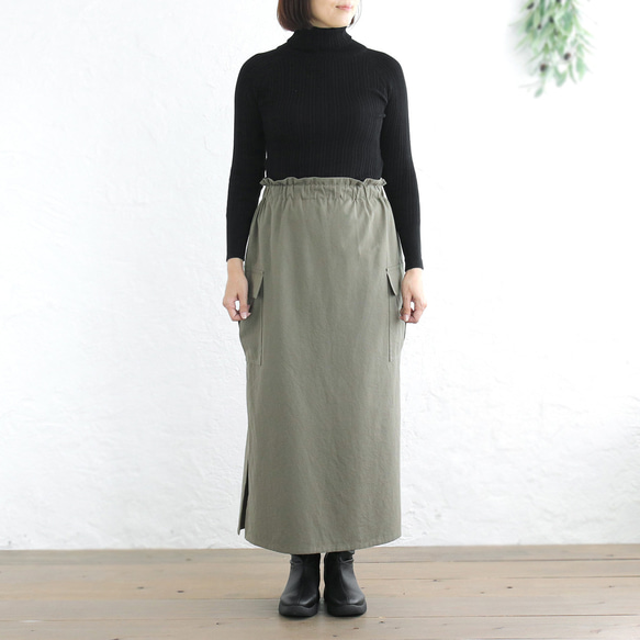 ロングシーズン使えて、キチンと見え✦ 東炊きコットンツイル ストレートロングスカート（オリーブ）SK14 4枚目の画像