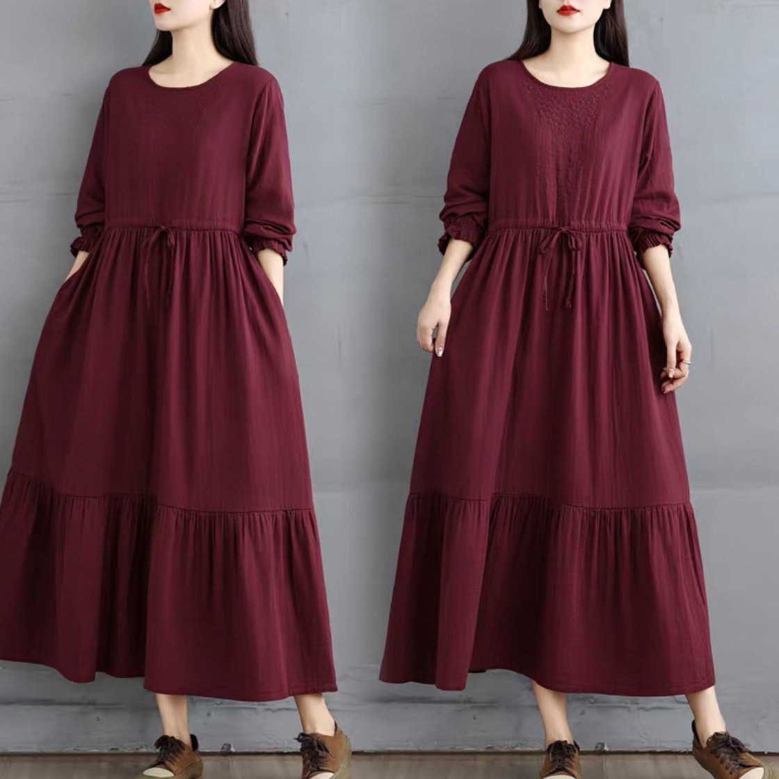 大人カジュアル長袖ワンピース 綿麻ワンピース 刺繍ワンピース  秋冬 受注制作