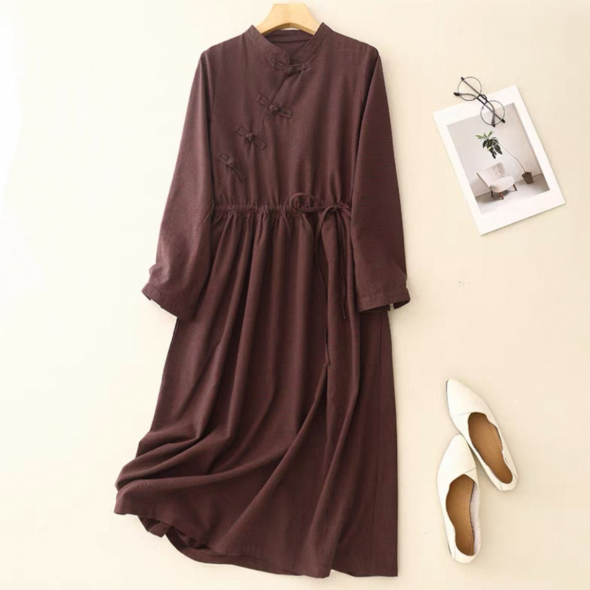 チェックワンピース、チェック柄、大人カジュアル長袖ワンピース 綿麻ワンピース 秋冬 受注制作