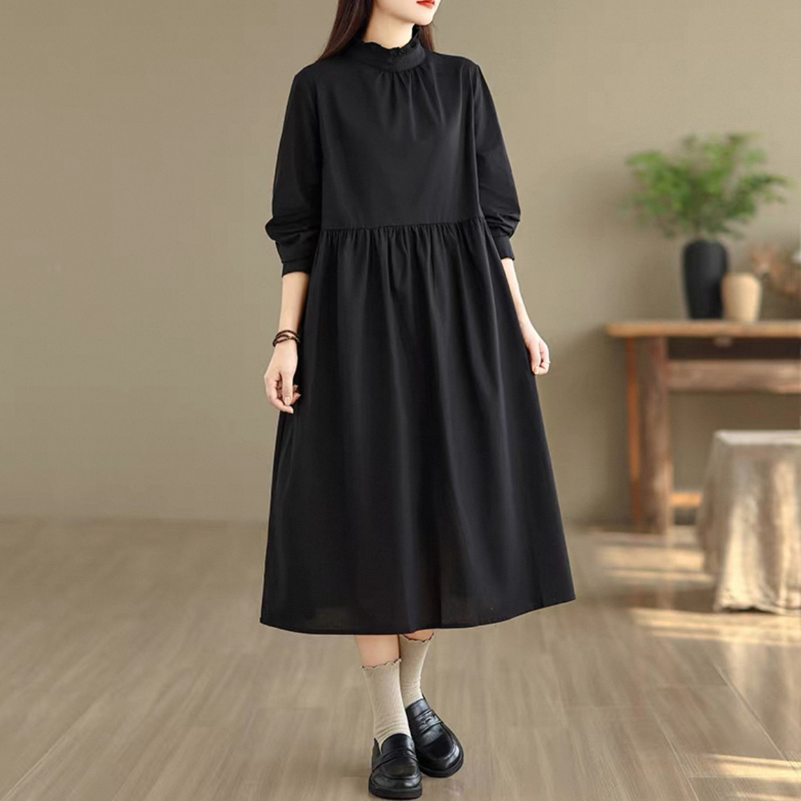 綿麻ワンピース、厚手ワンピース、無地ワンピース、大人カジュアル長袖ワンピース  秋冬 受注制作