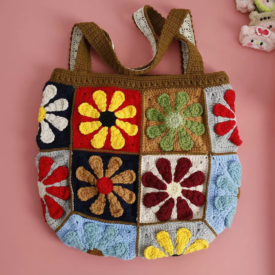 手作り 毛糸 かぎ針編み ニートショルダーバッグ トートバッグ【花柄｜菊柄｜ガーベラ柄｜14枚のパネル拼接】1点