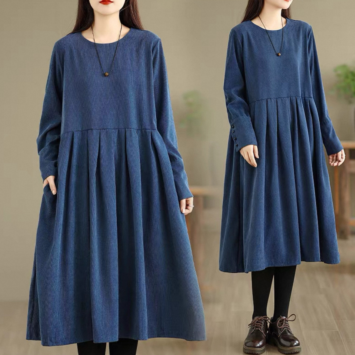 コーデュロイワンピース、厚手ワンピース、無地ワンピース、大人カジュアル長袖ワンピース  秋冬 受注制作
