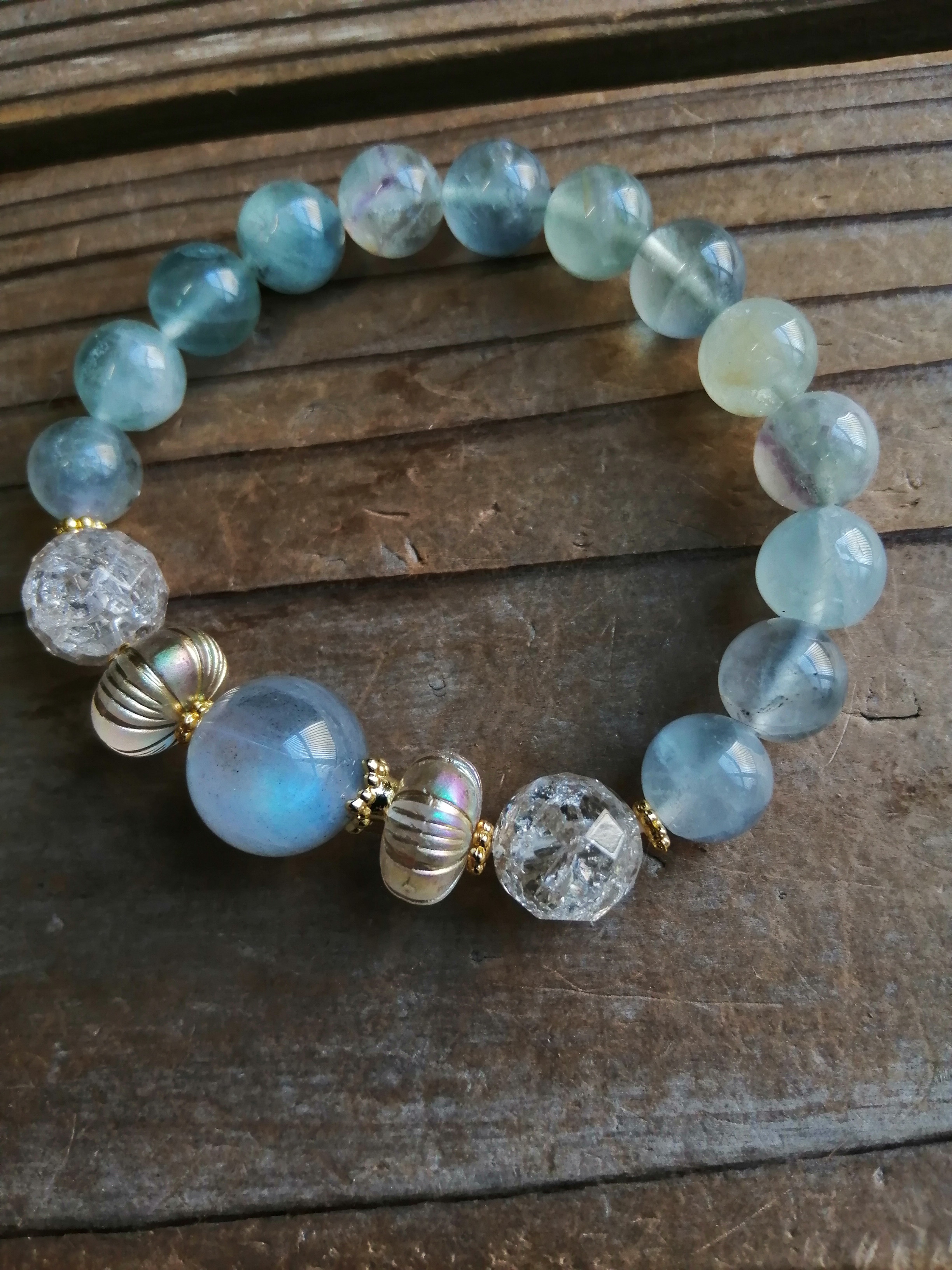 ◆ブルーラブラドライト＆フローライトの海の幻想のブレスレット 9500円（送料無料） 14.5-10mm 7,410円