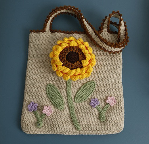 手作り 毛糸 刺繍 かぎ針編み ニート ショルダーバッグ トートバッグ【3D立体感｜太陽の花向日葵柄｜レリーフ編み】1点