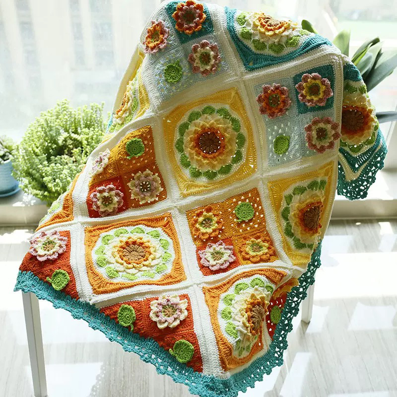 手作り 毛糸 刺繍 かぎ針編み ニート 毛布 テーブルクロス 壁掛けタペストリー【太陽の花向日葵柄｜95x95cm】1点