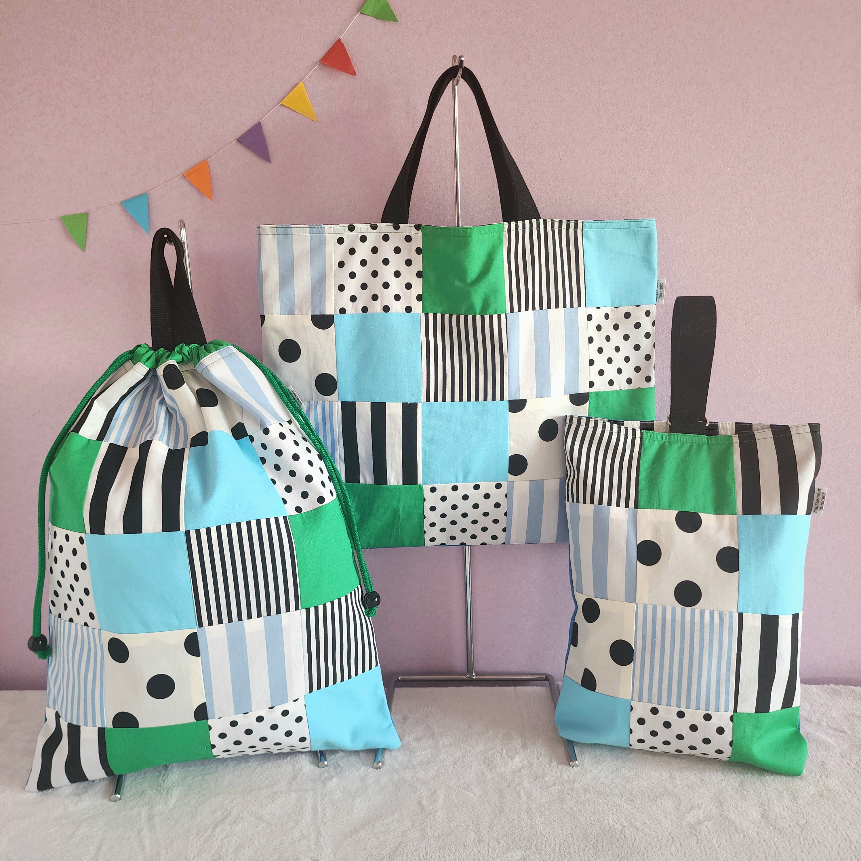 【３点セット】パッチワークの●レッスンバッグ　●シューズケース　●体操服入れ　blue【サイズ変更可】