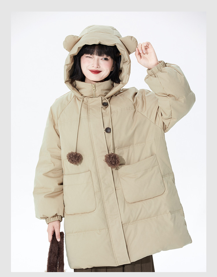連帽ダウンジャケット女性型冬のゆったりレトロなぶつかり色毛玉90白アヒルの綿毛コート