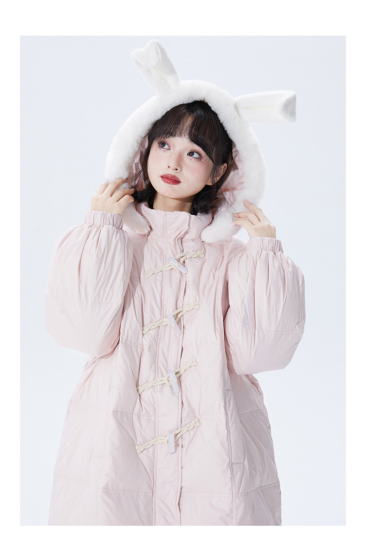 牛角ボタンロングダウンジャケット女性の秋の取り外し可能なウサギの耳と帽子の白いアヒルの綿毛のコート