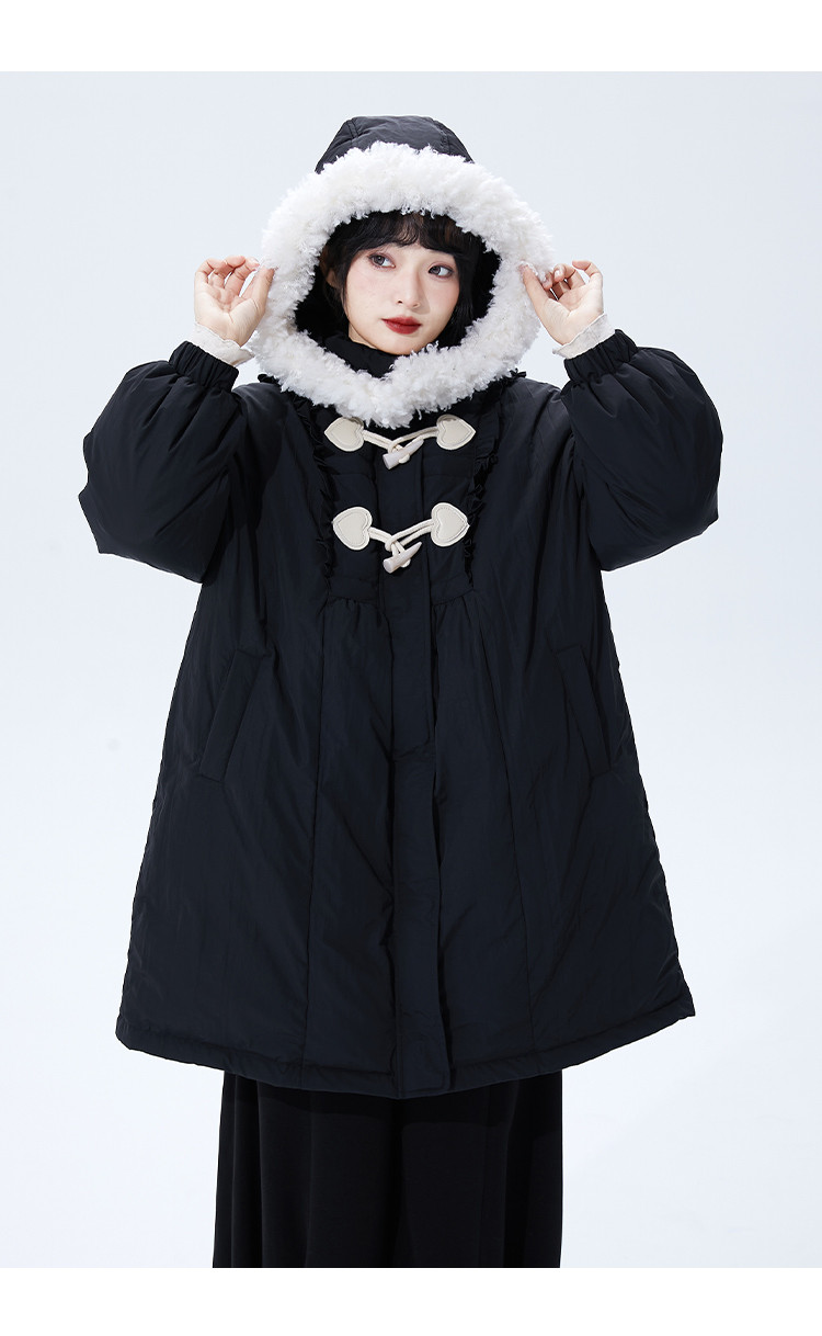 冬のフード付き牛角ボタンダウンジャケット女