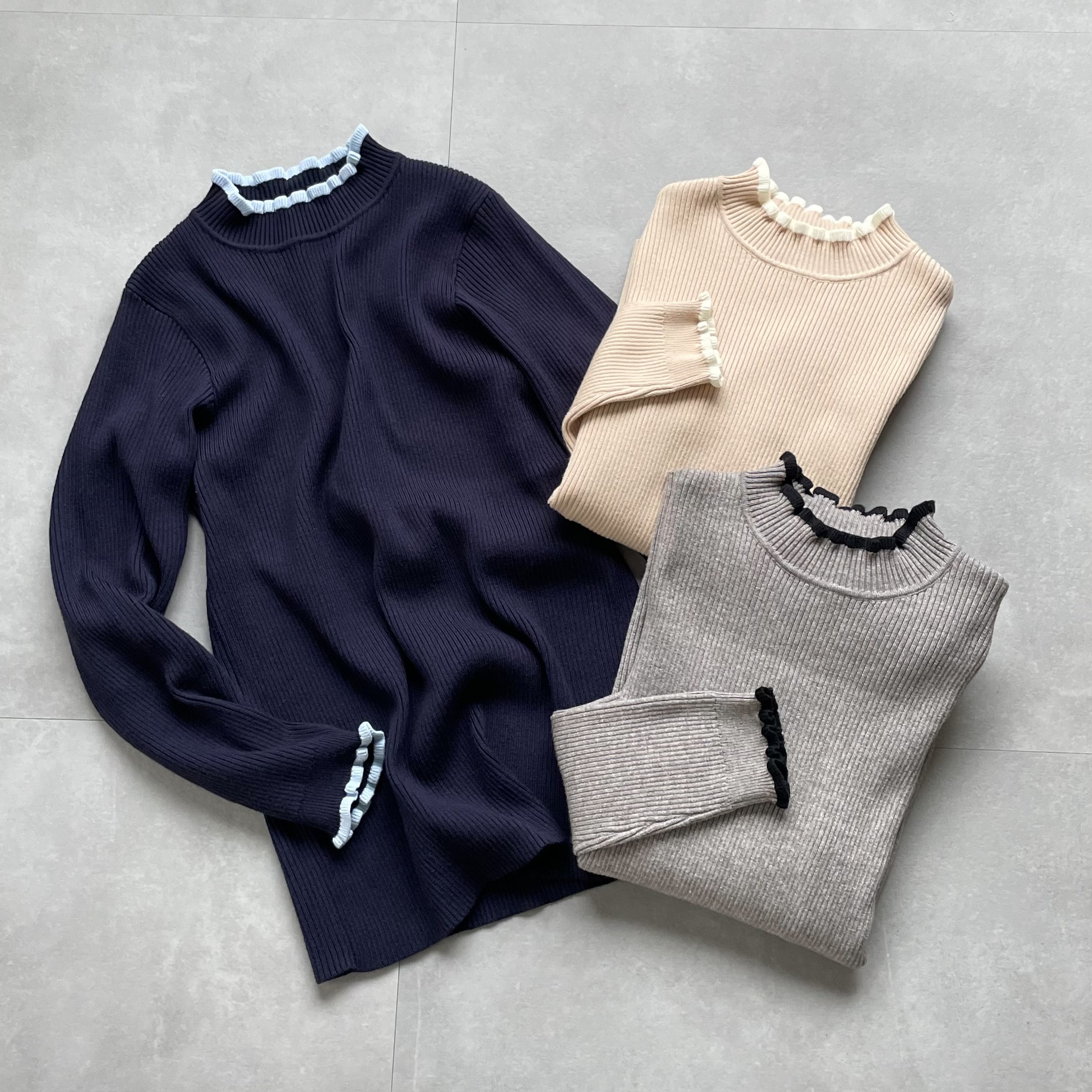 3枚セット 配色リブニット 温活あったか チクチクしない 着痩せトップス 通勤【フリー】紺 KMC-759 624904