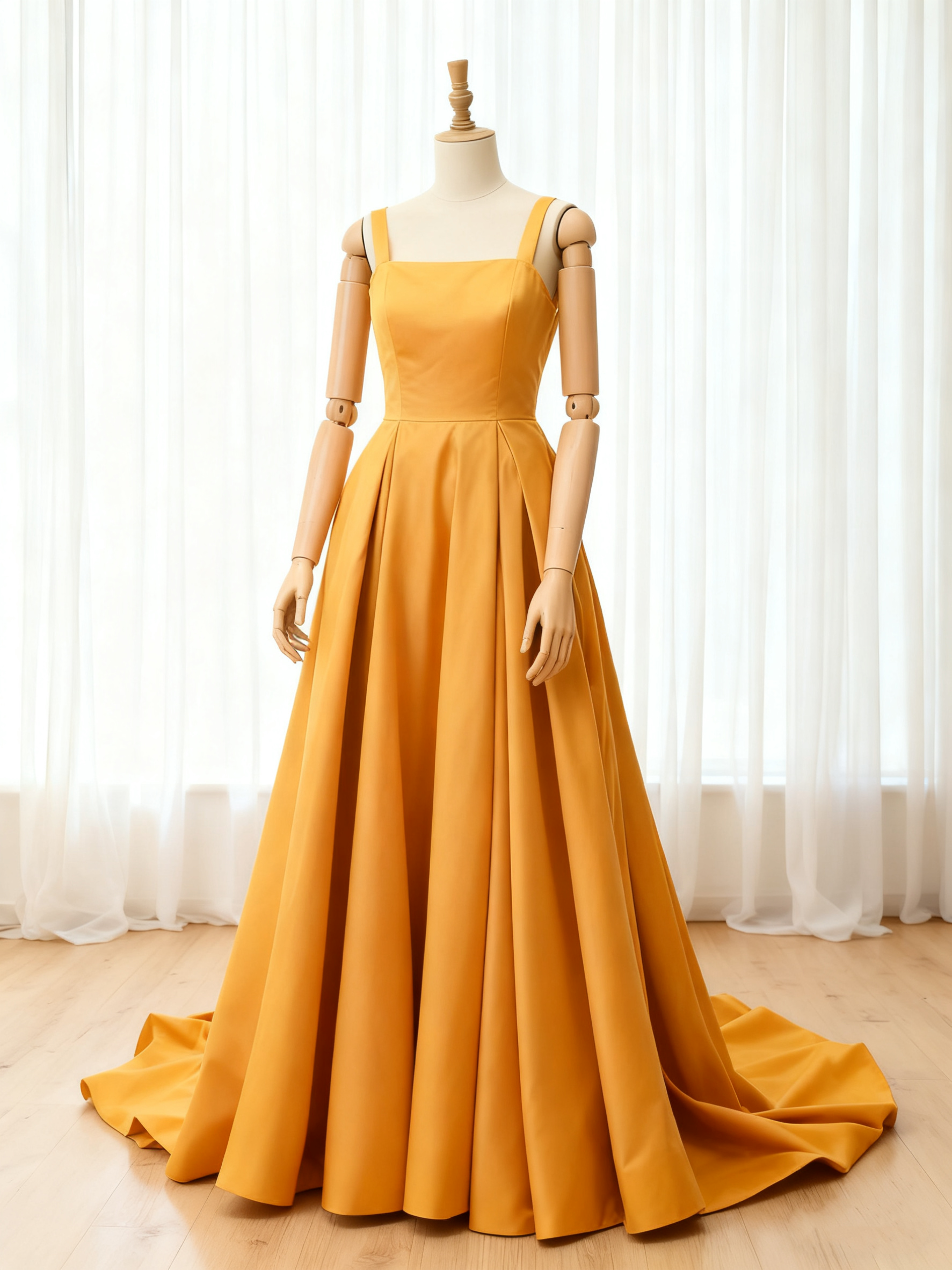 送料無料！パーティードレス スクエアネック イエロー 前撮り スレンダーライン  Aライン 細見えシルエット