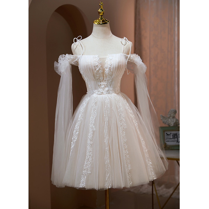 ベージュ オフショルダー ショート丈 綺麗 プリンセス パーティードレス 二次会 ウェディングドレス LJ-552