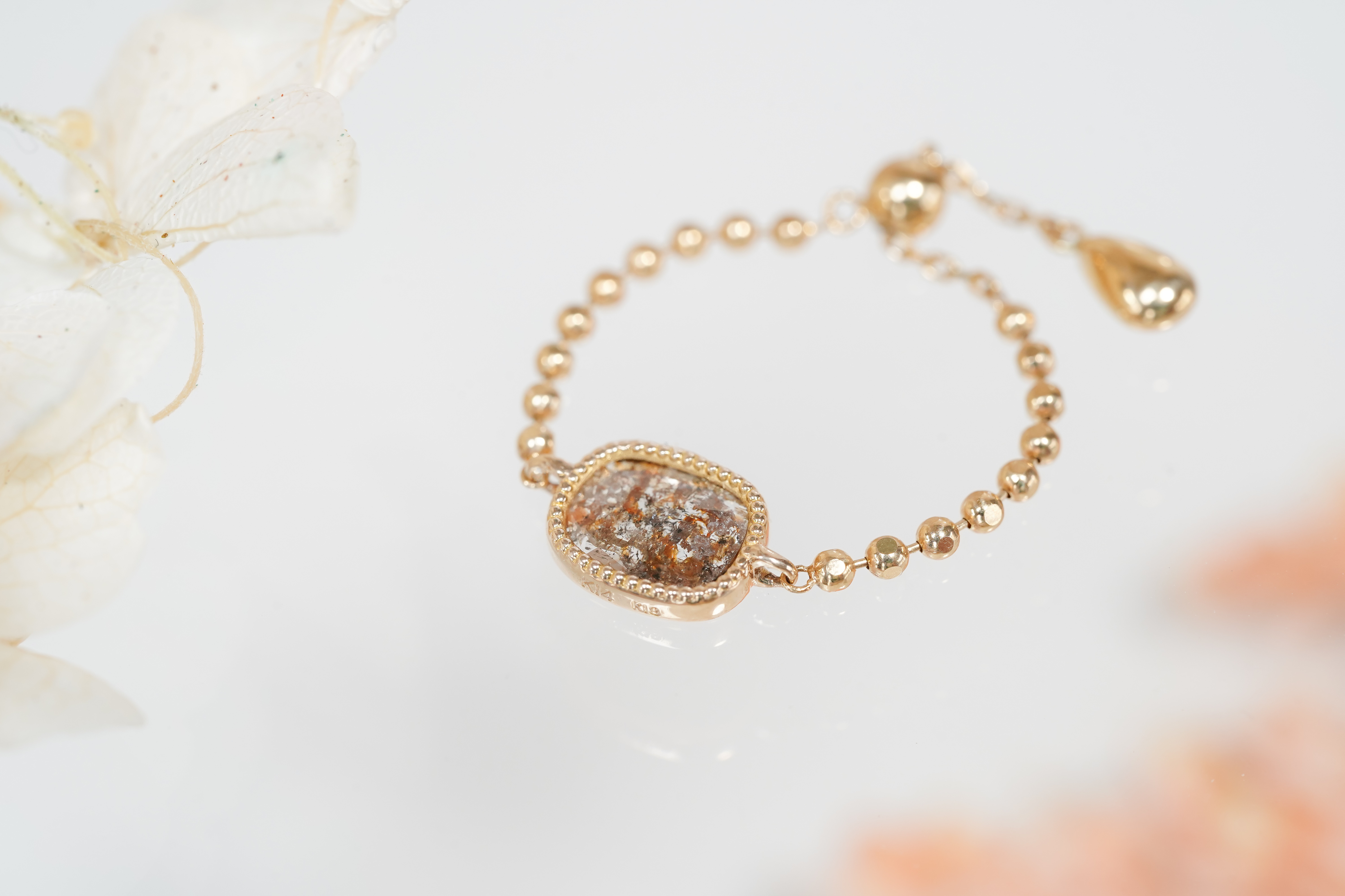 K18/K14YG ”指にフィット”スライス・ローズカット 天然ダイヤモンド チェーンリング