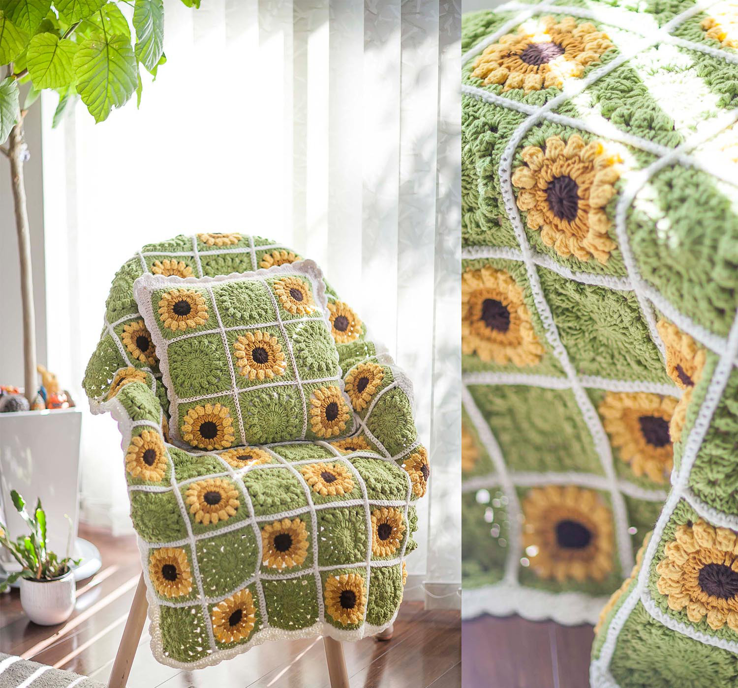 かぎ針編み お花 モチーフクッションカバー ヒマワリ向日葵ひまわり/鍵編み/かぎ針編み