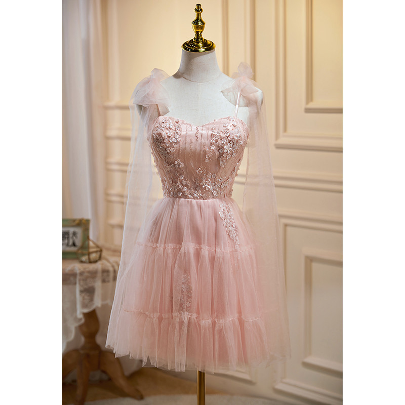 ピンク オフショルダー 花 ショート丈 綺麗 プリンセス パーティードレス 二次会 ウェディングドレス LJ-548