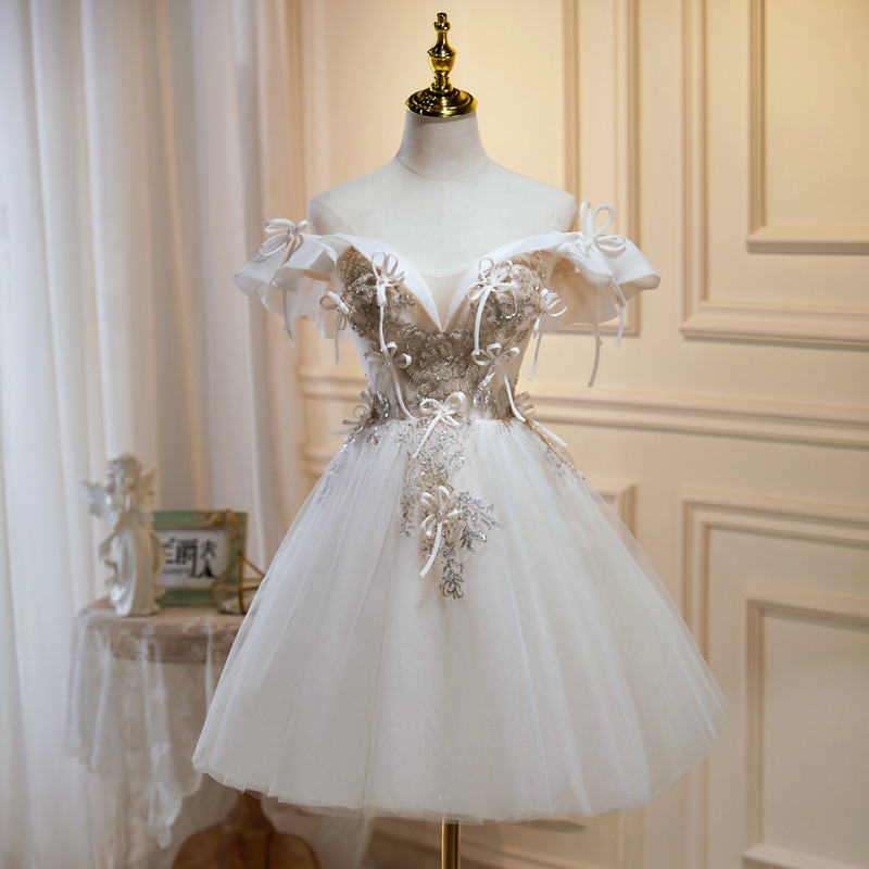 ベージュ オフショルダー リボン ショート丈 プリンセス パーティードレス 二次会 ウェディングドレス LJ-546